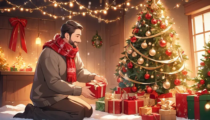 A warm Christmas scene where both a father and his young  are prominently visible. The father, wearing a cozy winter sweater, is...