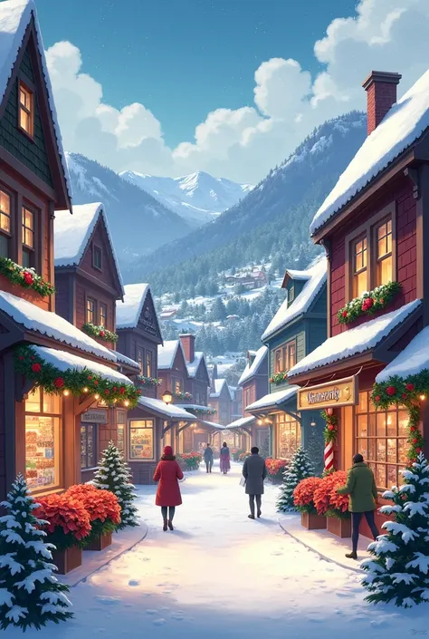 a winter town with christmas decoration, include a library, a bakery, a restaurant, a flower market, a supermarket, a toy shop
