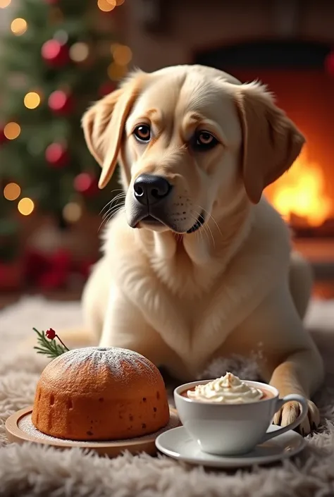 Create a very realistic image of a beige Labrador dog with a paneton and a cup of chocolate