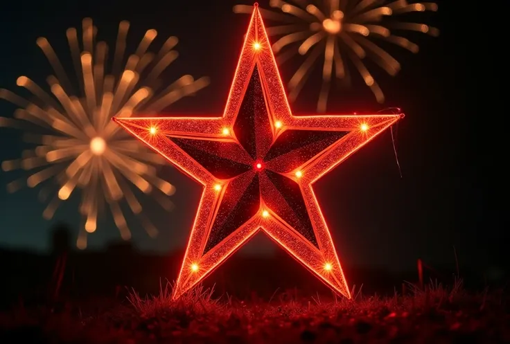 searchlights in the dark sky.  victory day. orange and black striped St. George ribbon,, red glass star, spikes, inner glow,  th...
