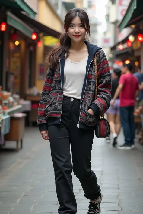 Thai woman, A fashionable very beautiful korean-thai chubby woman has fair charming sightly fat  in a trendy jacket with mozaic ...