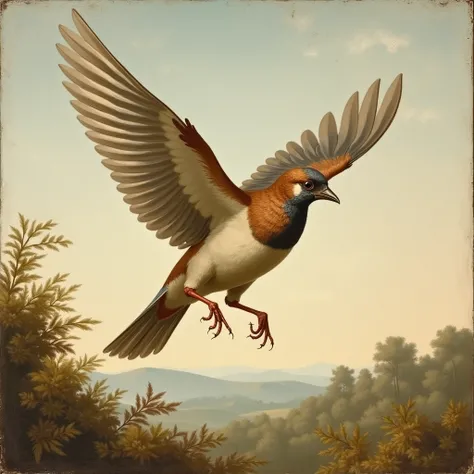 Early Renaissance-style natural depiction, of a sparrow in flight 