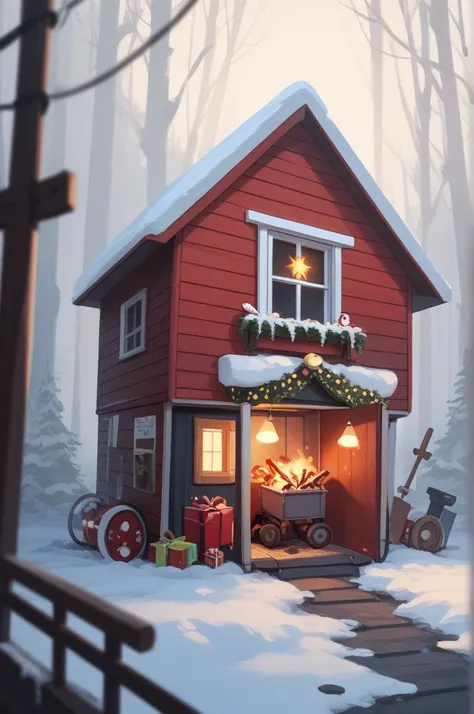 A magical broken toy-making machine in a festive Christmas workshop, with exposed gears stuck in place, black smoke coming out o...