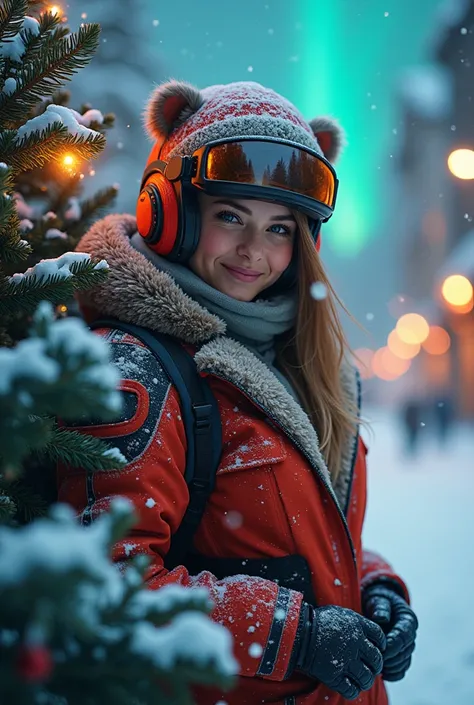 A beautiful cyberpunk hamster lady, native American facial features, wearing a hamsteri custome, wearing cyberpunk winter armor ...
