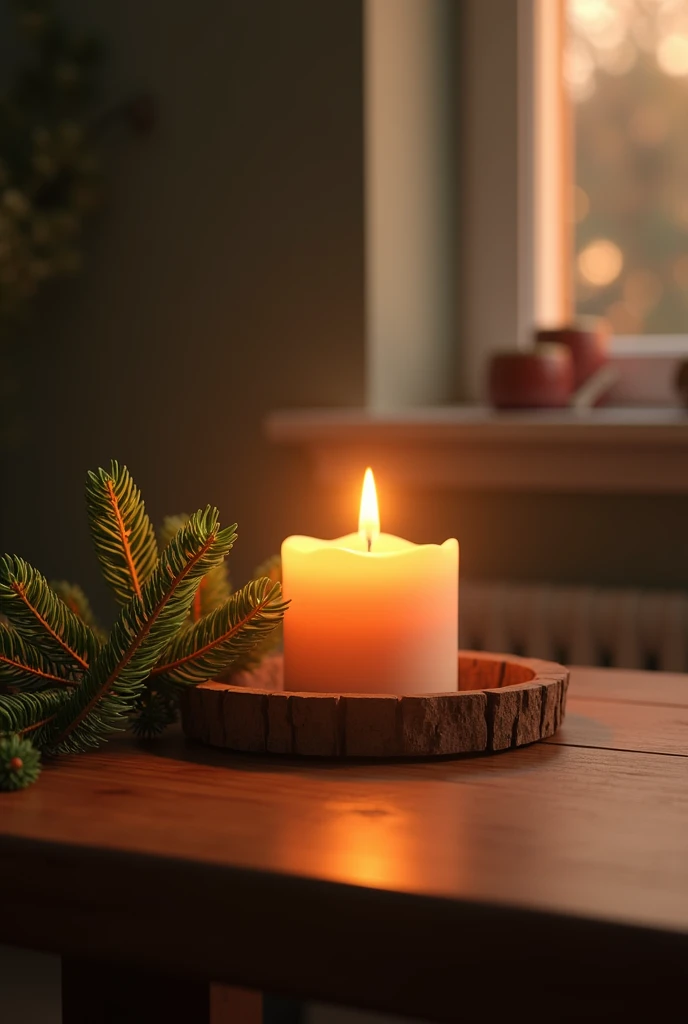 little candle on the table, pine branch next to it