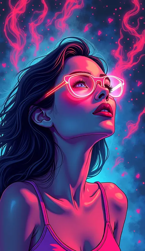 bold neon colors, cartoon style illustration of a woman as she sees the world while experiencing hallucinations, stoned, splash ...