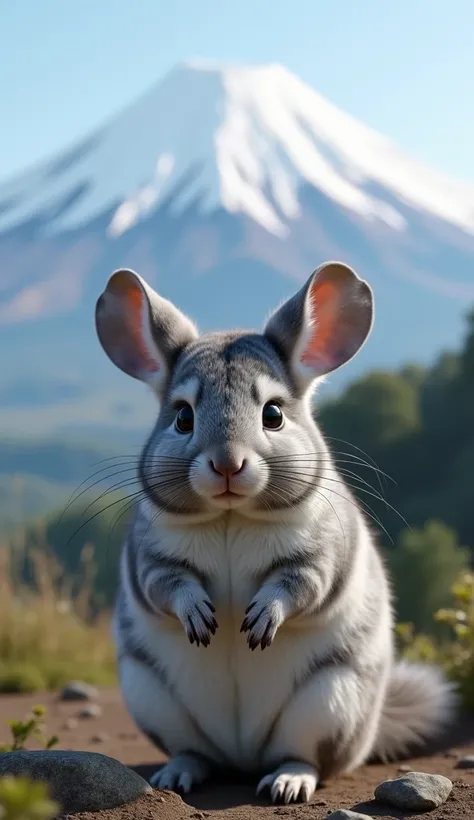 Real chinchillas　1 person　 standing on two legs facing the front　Background Mount Fuji