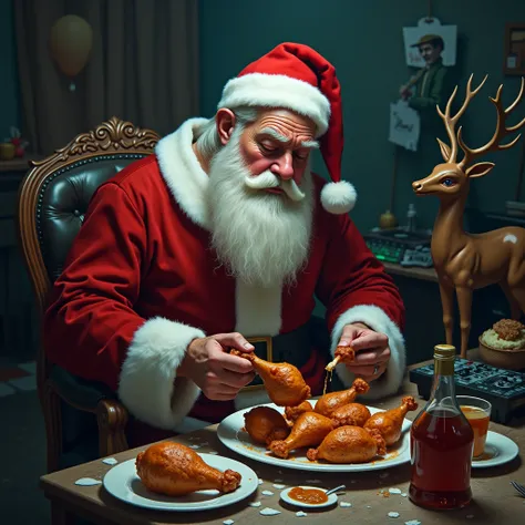 Santa Claus is eating chicken legs while crying。
reindeer。DJ Equipment。Alcohol。
