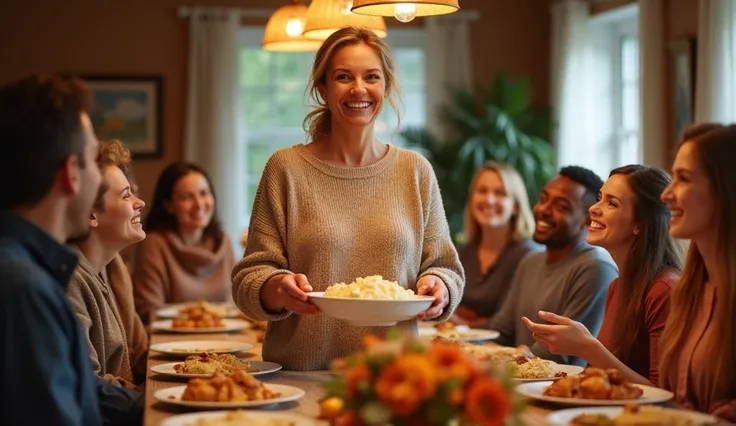 A woman in a cozy sweater serving mashed potatoes to a group of happy guests on Thanksgiving Day.