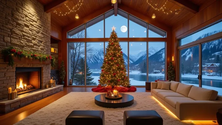 from below, a giant living room interior with a Christmas theme. The room features a large stone fireplace with a crackling fire...