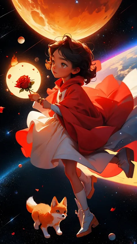the Little Prince holding rose, red cute fox nearby,little round, space planet