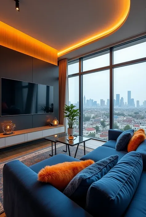 Make a 360° image of a colored room with a TV installed on a modern black PANEL and a navy blue choir sofa with cushions, Where ...