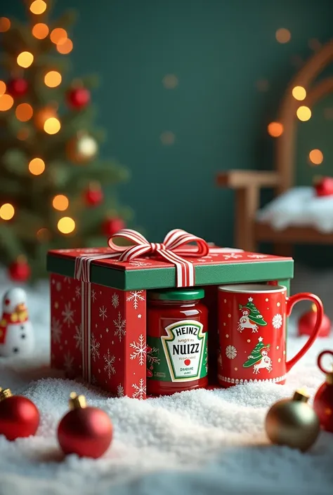 Make me a gift box with a Christmas Heinz sauce inside and a gift mug per purchase of this 
