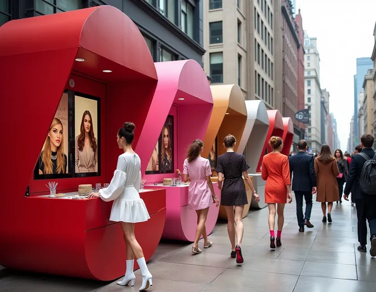  Small makeup stations installed on a busy avenue ,  designed like giant open makeup chests , each with a dominant color  (red, ...
