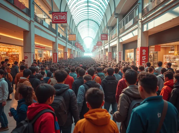Crowded mall, mallgoers looking at viewer 