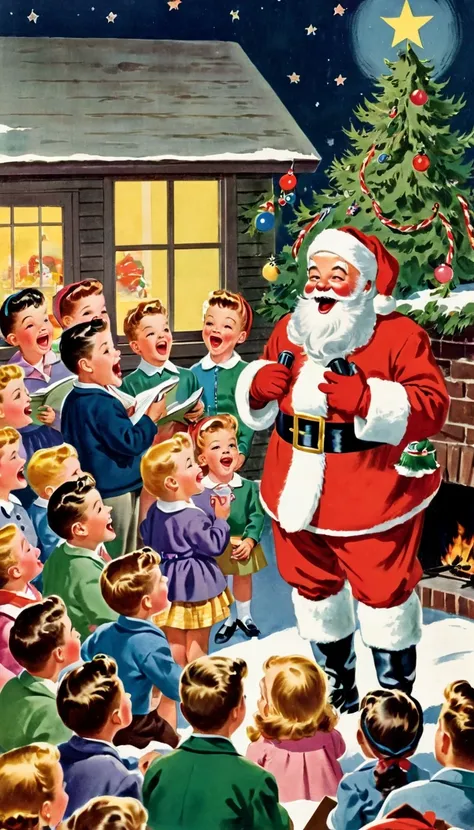  1950s,America,,Santa sings, Illustration