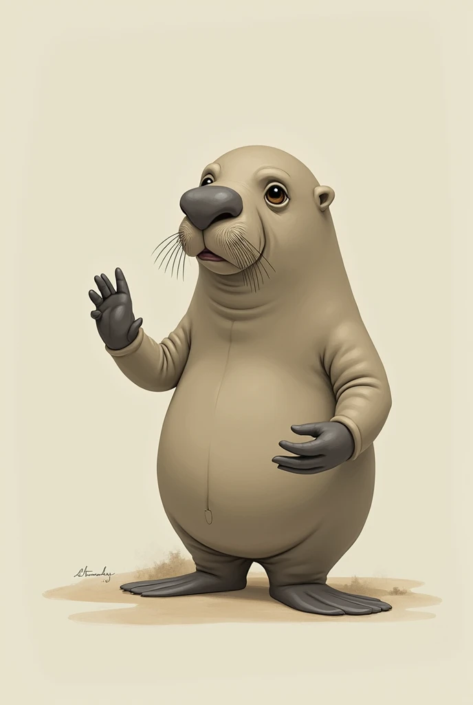  a girl resembling a walrus , narrow-clothed ,  the tip of her eyes is felt,  thumbs open ,  teaching ren  