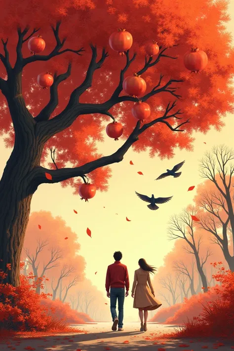 Draw a picture of an autumn scene with a pomegranate tree, a pair of birds passing through the branches, the woman and man facin...
