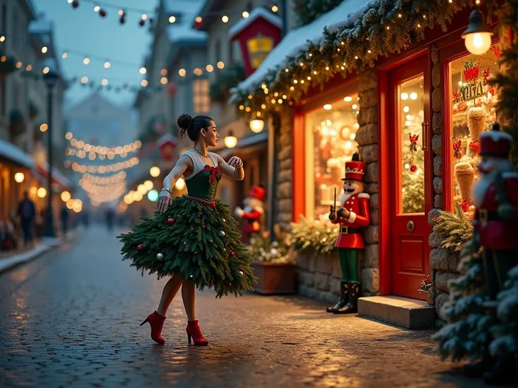  a magical and realistic 4K photograph representing a dancer in a Christmas tree dress,  in front of the door a Christmas sweate...
