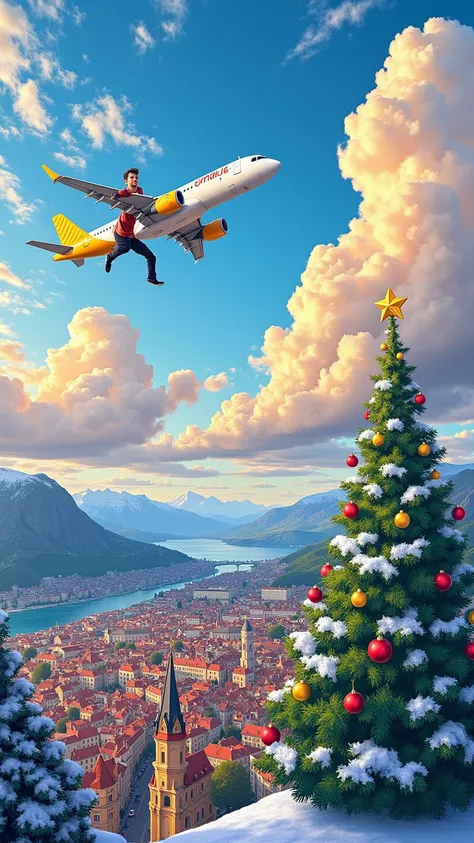 Cartoon-style illustration of a man clinging to a white Vueling airplane flying high in the sky, with its signature yellow accen...