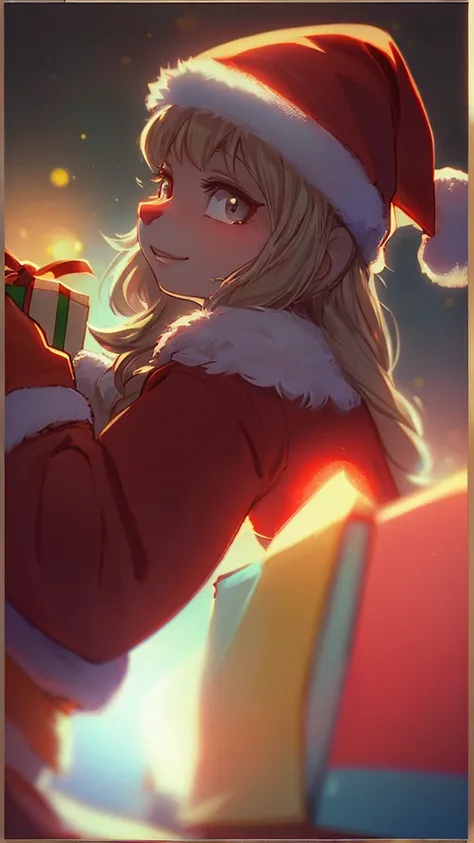 side view , happy Christmas , White-bearded Santa Claus and red-nosed reindeer , ride a flying Sled , Presents being delivered ,...