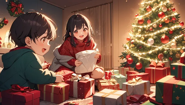 Excited ren unwrapping Christmas presents by a glowing Christmas tree in a cozy living room filled with festive decorations and ...