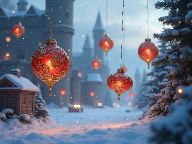 ornaments from the game Albion online and Christmas lights with falling snowflakes against a medieval background