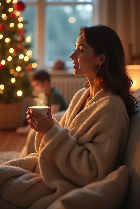 A cozy living room with a mom sitting on the couch, wrapped in a warm blanket with a cup of tea or coffee. Around her are subtle...