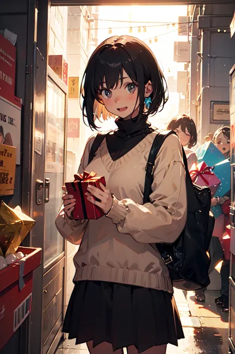 woman, Comfy sweater , break,  get a gift, break, Surprised,  happy , break, holiday, Celebration， 1 girl,  Shortcut,  black hai...