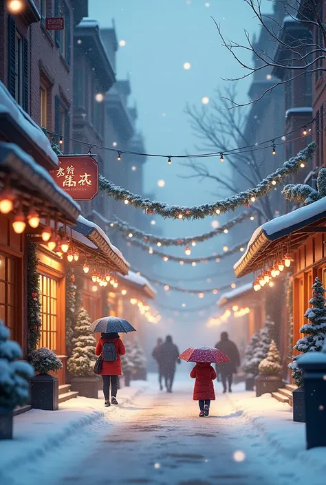 Establishing wide shot: A snow-covered city street in December, with snowflakes gently falling from the sky. The background feat...