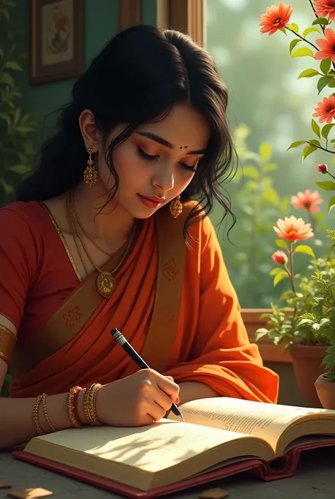 এক বাংগালী মেয়ে কবিতা লিখছে 
