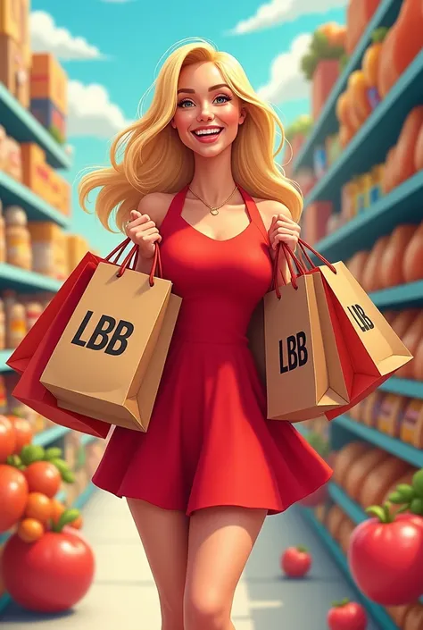  A beautiful blonde in a red dress holds a lot of bags with the brands lettering in her hands $LBB in black font   , her face ex...