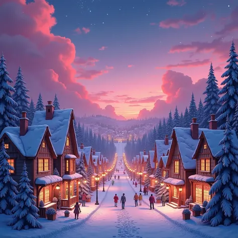 pink-purple color theme Christmas background with trees and buildings in very busy town at night wallpaper realistic