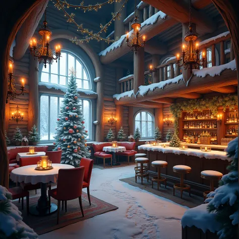 realistic photo of Magical Polar style pub interior, no people, christmas vibe. No humans. Your design should be immersive but n...