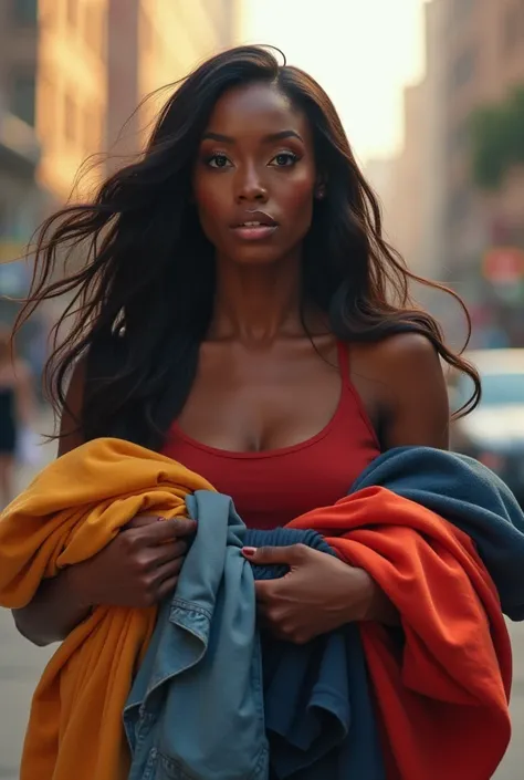 A beautiful black woman with long hair in a hurry on Monday morning,  holding several items of clothing and looking indecisive.
