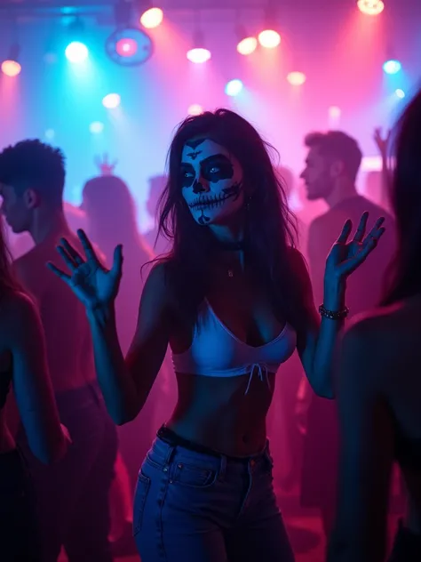 A hyper-artistic, photorealistic depiction of a vibrant nightclub alive with intricate, colorful lights—neon blues, pinks, and p...