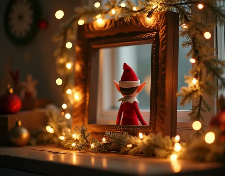 Ein  Christmassyer Bilderrahmen mit einem kleinen Weihnachtself den man nur von hinten sieht. Fairy lights, Christmas tree,  Chr...