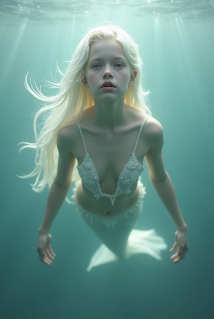  A naked young mermaid, no sea, White hair breasts ,  nadando no sea