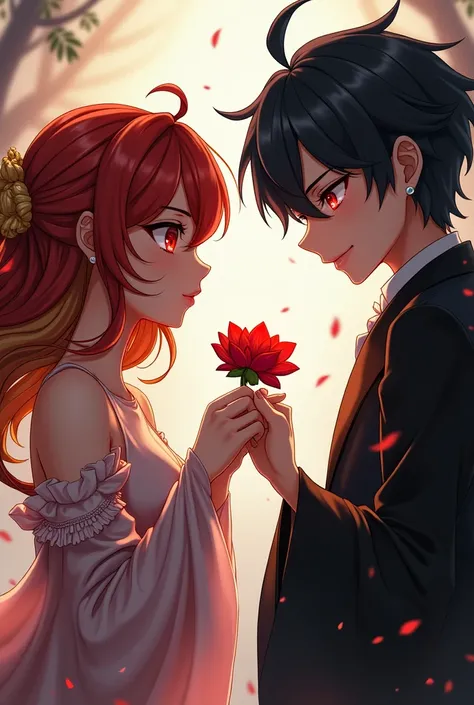  From the anime Red Gold and Black Hair,  handing a flower to a red-eyed and sinister black-haired one,  but , Shes refusing flo...