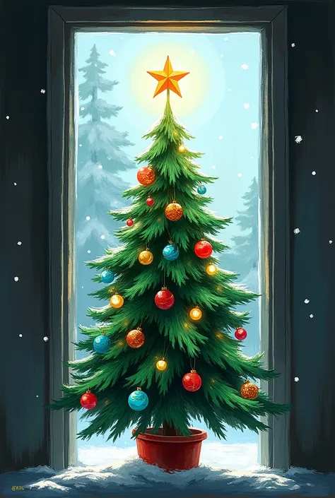 Christmas tree drawn on a narrow and high window 
window painting