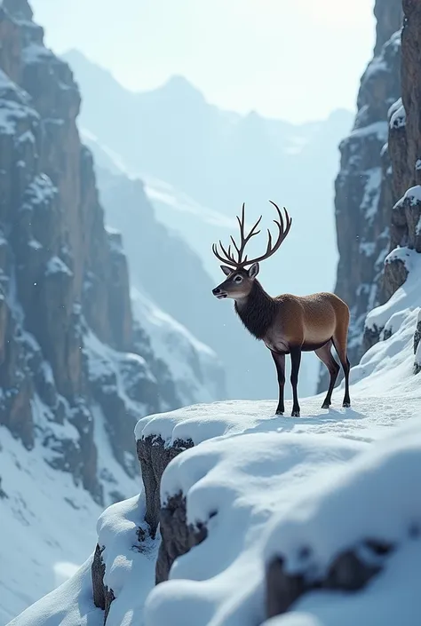 A deer is standing in the snow on a ravine