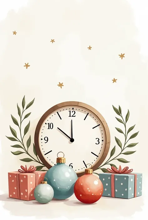 Abstract watercolor illustration for a Christmas greeting card. 2 glass balls and a clock on the wall, gift boxes wrapped in pac...