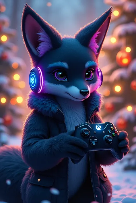 Humanoid fox with black fur with patches of purple ,  light blue and green with an Xbox controller and RGB headphones with a Chr...