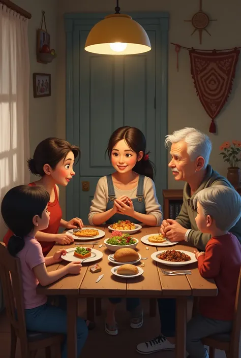  * Mayas Humble Home:
   * A cozy, simply furnished room, perhaps with a family gathered around a table, sharing a meal.

make m...