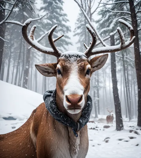 An majestic reindeer, cold as ice! 🧊, in the snow, cold snow outside, standing in the snow, snowy weather, in snow, snowing outs...