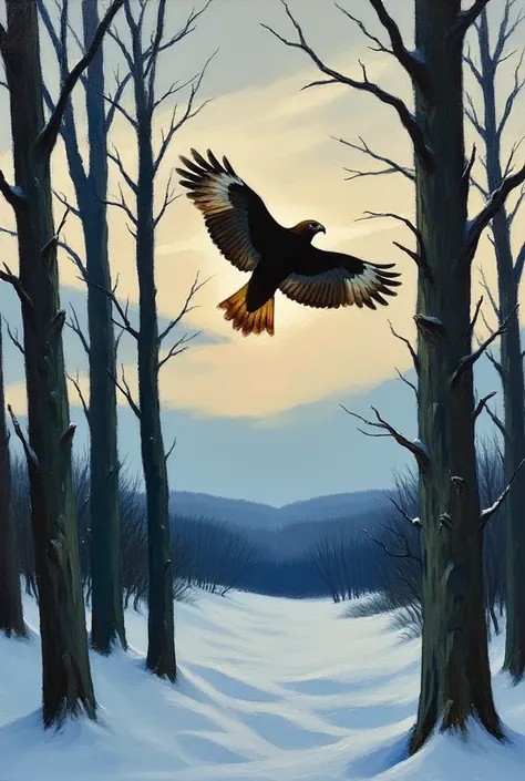 A silhouette of a mother Goshawk gliding through the air in a barren winter forest. Cold colour palette, Edward Hopper oil on ca...