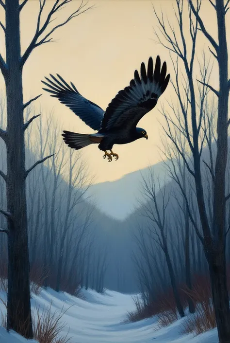 Silhouette of a mother Goshawk gliding through the air, silhouetted against a barren winter forest. Cold palette, Edward Hopper ...