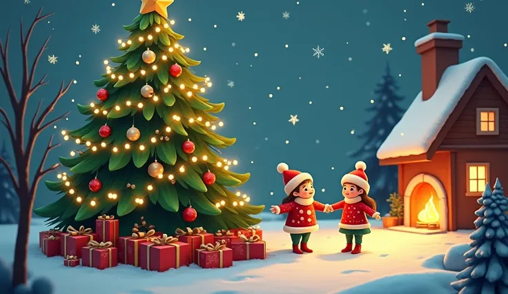Une scène de Noël joyeuse et colorée avec un grand sapin de Noël décoré de guirlandes lumineuses, de boules scintillantes et dun...