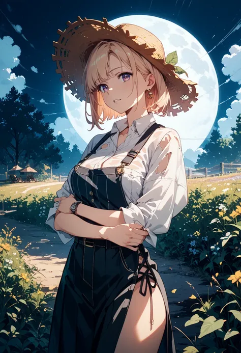 shadowy farmhand with a straw hat pulled low over his face, dressed in a tattered shirt and suspenders, standing in a dim field ...