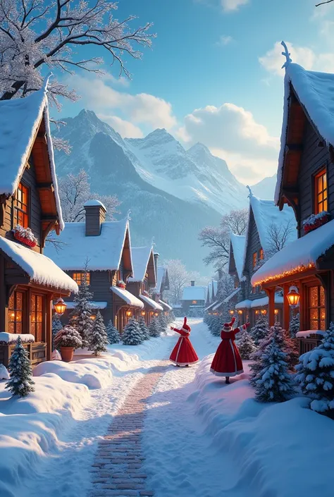 ,realistic high quality ,day time ,winter dream village , christmas movie like , winter time , blue sky , main street , santa da...